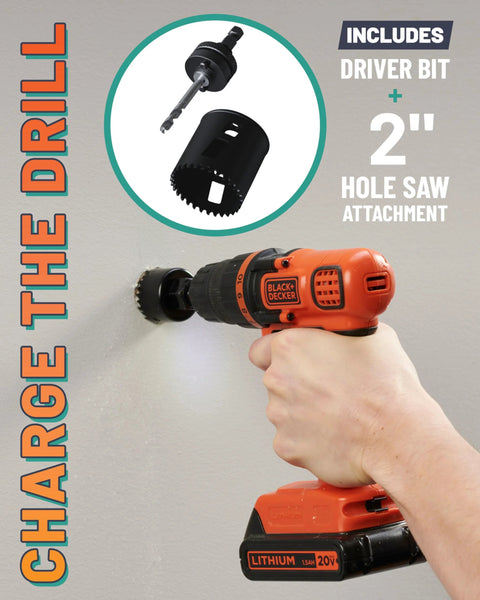 Person using a Black & Decker drill with a 2-inch hole saw attachment to drill into a wall, includes driver bit.