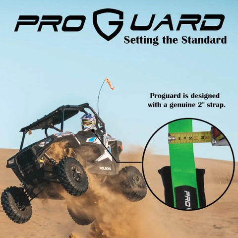 Green 4 Point Harness With 2 Inch Straps For UTV Off Road Universal Fit shown with ProGuard branding and measurement detail