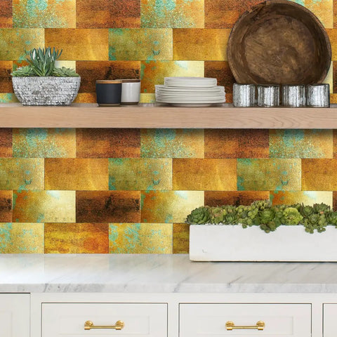Peel And Stick Metal Look Subway Tile Backsplash For Kitchen And Bathroom 10 Sheet Aluminum Composite 3D Brick Tiles in gold copper finish