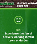 Packaging of Soil Microbial Test Kit For Quick Health Check Of Your Dirt, smiling face icon, green background.