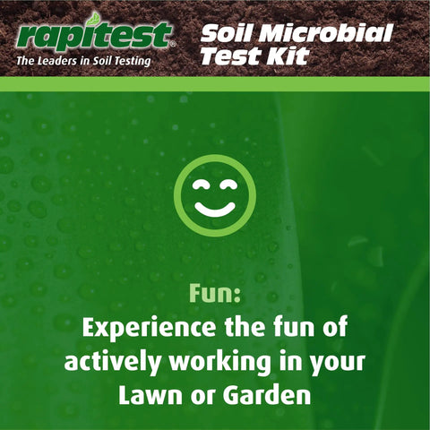 Packaging of Soil Microbial Test Kit For Quick Health Check Of Your Dirt, smiling face icon, green background.