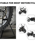 Heavy Duty Dirt Bike Triangle Kickstand With Solid Steel Construction shown holding rear wheel of dirt bike