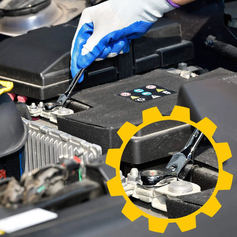 Mechanic using 12 Piece SAE Flex Head Ratcheting Wrench Set in engine, chrome vanadium steel, for tight spots, portable use