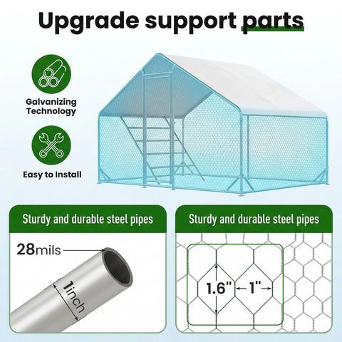 Large Metal Chicken Run Walk-In Coop 9.8 Ft Long By 6.5 Ft Wide By 6.5 Ft High For 15-20 Hens with stability corner braces