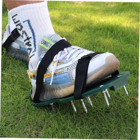 Person wearing Eight Pack Lawn Aerator Shoes With Adjustable Straps Turf Spike Laces Wearable Lawn Aeration Sandals For Outdoor Use For Men And Women The No Fuss Way To Aerate Your Yard While You Mow on sneaker while walking on grass