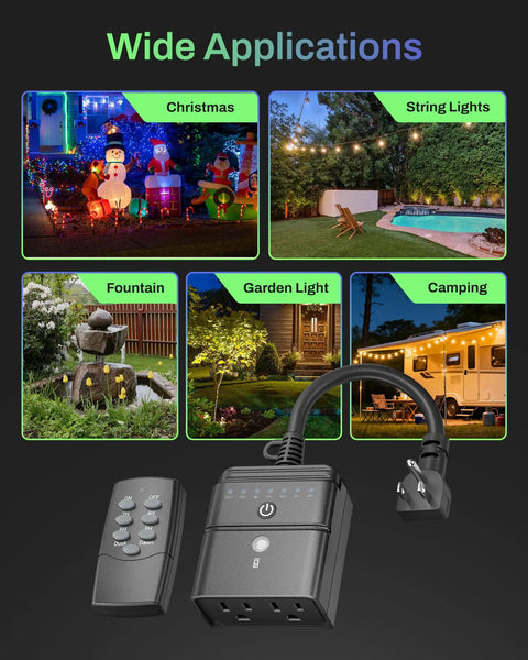 Outdoor Timer With 100 Ft Remote And Light Sensor Dusk To Dawn Auto On Off Countdown Timer For Garden Lights Pool Pump Christmas Decorations shown with remote and garden applications.