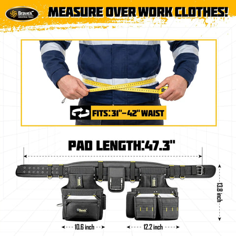 Person measuring waist with Built Tough Tool Belt Set With Suspenders And Pro Vest Ultra 20 Pouches, 1200D Ballistic Nylon.