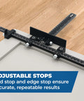 Cabinet Hardware Jig Pro for Easy Knob and Pull Installations with adjustable drill guides, showing adjustable stops on surface.