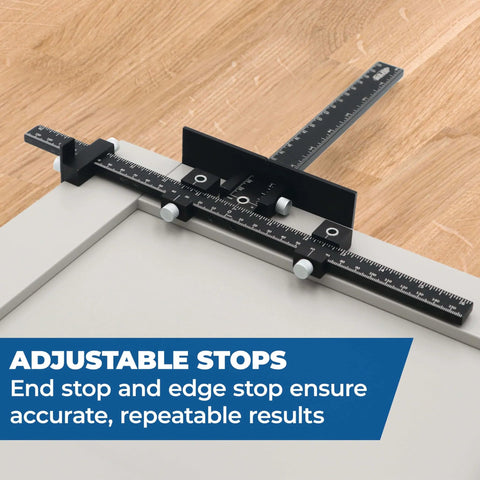 Cabinet Hardware Jig Pro for Easy Knob and Pull Installations with adjustable drill guides, showing adjustable stops on surface.