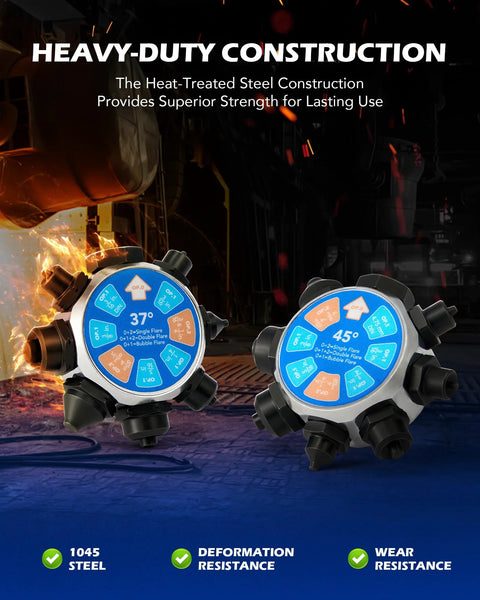 Front view of Orion Motor Tech brake line flaring tool kit with 37°/45° dials and multiple flare heads; two tools shown