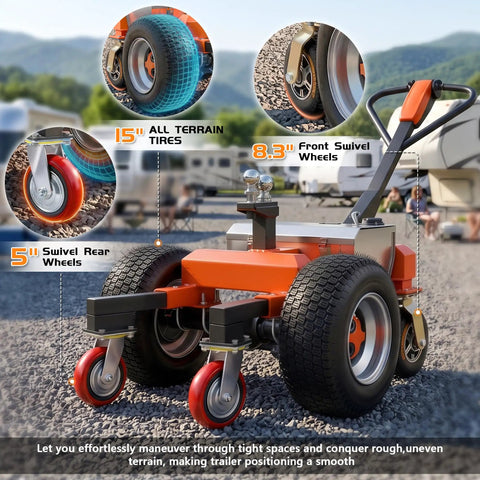 Heavy Duty Electric Trailer Dolly 7500 Lbs Capacity With Six All-Terrain Wheels, showing 15" tires and rear swivel wheels for easy maneuvering.