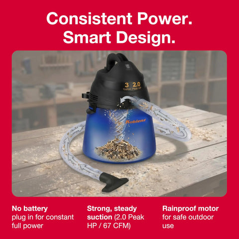 Wet Dry Shop Vac With 3 Gallon Tank And 2.0 Peak HP Motor, Ready To Roll Portable Vacuum with Twist-N-Lock hose on workbench.