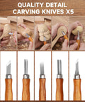 Wood Carving Kit 30 Piece Tools Set With Leather Storage Bag Slick Deluxe Whittling Kit showing 5 knives carving wooden figures.