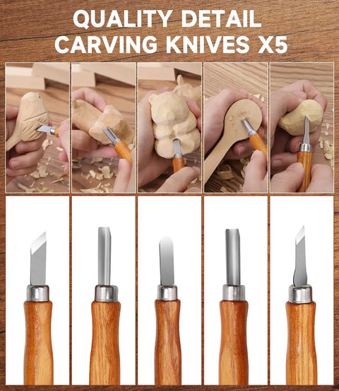 Wood Carving Kit 30 Piece Tools Set With Leather Storage Bag Slick Deluxe Whittling Kit showing 5 knives carving wooden figures.