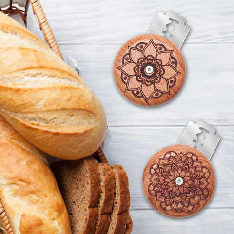 Pro Grade Bread Lame Cutter Set For Home Bakers with 2 sourdough scorers, decorative wooden handles, and replaceable blades