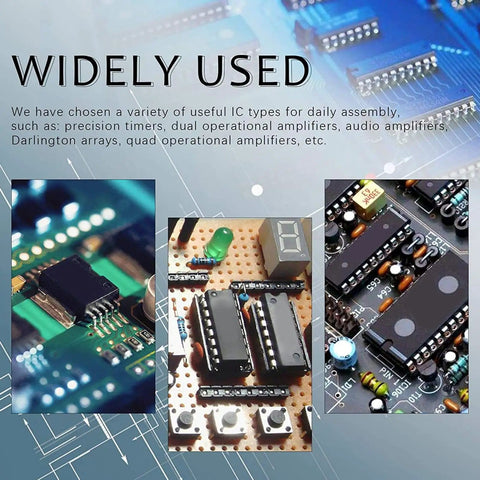 Close-up of a circuit board with IC chips from 66Pcs Insulated IC Socket Kit 6P To 28P Flat Pin Sockets for PCB Boards Plastic IC Socket Assortment Set Easy Chip Mounting and Replacement for Electronics Hobbyists.