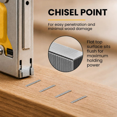 Workhorse Heavy Duty 3/8 T50 Staples For Staple Guns showing chisel point for easy penetration on wood.