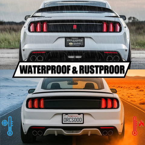 Slick Slim Black Aluminum License Plate Frame Set With Screws And Caps Universal Fit For Cars Trucks SUVs And More displayed on car in rain and sun