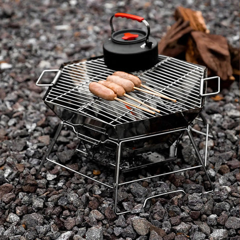 Hexagonal 430 Stainless Steel Folding Fire Pit Burn Barrel for Wood Fires with sausages and kettle on grill
