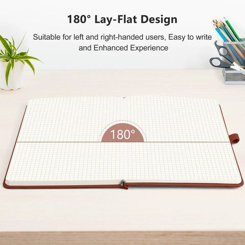 Everyday Carry Graph Grid Paper Notebook In A5 Size With Leather Hardcover, 192 Pages, 100 GSM Thick Paper, Lay Flat Design