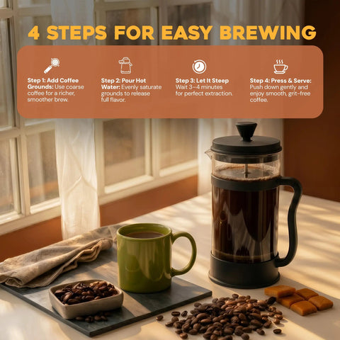 34 Oz Borosilicate Glass French Press Coffee Maker With 4 Filter Sieve System And 80 Mesh Filter, on table with coffee steps chart