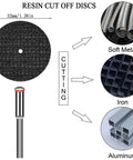 Resin cut off discs for rotary tool, compatible with Dremel, used for cutting soft metal, iron, aluminum; part of 32-piece kit
