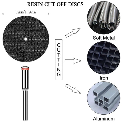 Resin cut off discs for rotary tool, compatible with Dremel, used for cutting soft metal, iron, aluminum; part of 32-piece kit