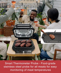 Replacement Meat Probe For Indoor Grills in use at outdoor gathering, showing stainless steel probe monitoring cooking burgers