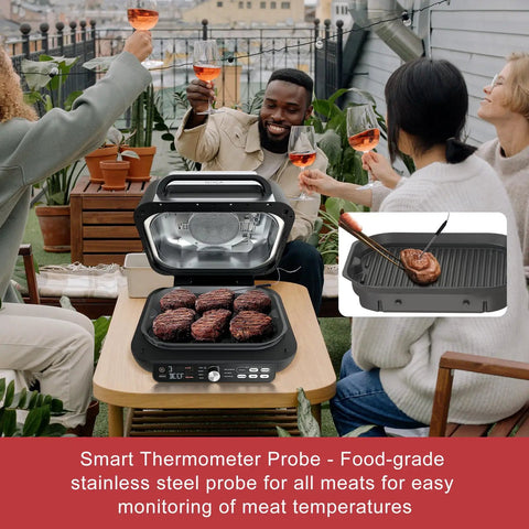 Replacement Meat Probe For Indoor Grills in use at outdoor gathering, showing stainless steel probe monitoring cooking burgers