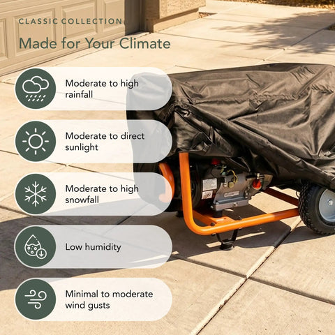 Heavy Duty Professional Generator Cover With Thick Commercial Vinyl Built Like A Tank To Beat Rain Dust And Scorching Sun 28 By 38 By 32 Inches Black All Weather Gear Shield on generator outdoors.