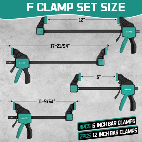Image showing sizes of 8 Pack Bar Clamps For Woodworking Set With 12 Inch And 6 Inch Quick Change F Clamps, demonstrating clamp dimensions.