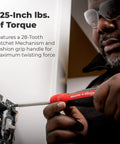Person using Ratcheting Screwdriver With Pullout Bit Cartridge For Easy Bit Change Red Handled Tool One Quarter Inch Hex Driver Alloy Steel Shaft Palm Saver Cap Made In Canada to adjust an electrical panel