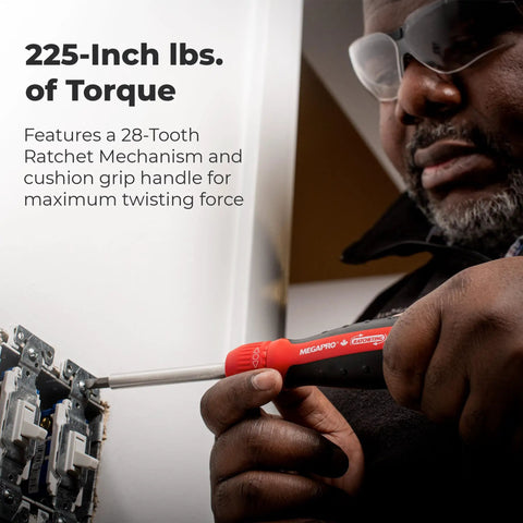 Person using Ratcheting Screwdriver With Pullout Bit Cartridge For Easy Bit Change Red Handled Tool One Quarter Inch Hex Driver Alloy Steel Shaft Palm Saver Cap Made In Canada to adjust an electrical panel