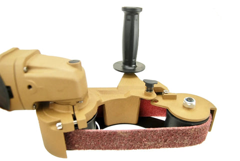 Pro Grade Pipe Sander With 25 Premium Abrasive Belts For Stainless Weld Prep And Rust Removal Heavy Duty Metal Grinding Machine close-up angle showing handle and abrasive belt.