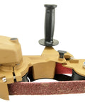 No Sweat Pipe Polisher Sander Grinder Featuring Variable Speed Control And Spring Loaded Conformable Head, side view with belt.