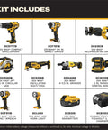 No Sweat Nine Piece Brushless Cordless Power Tool Kit With 20 Volt Batteries Fast Charger, includes drill, grinder, saw, flashlight.