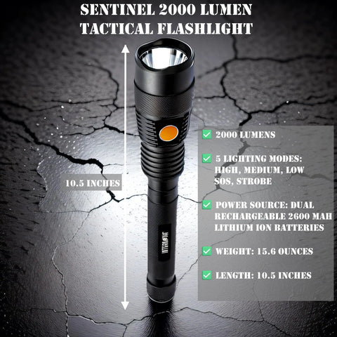 Sentinel 2000 Lumen Rechargeable Flashlight with 10.5-inch handheld design, shown on cracked surface, featuring tactical beam.