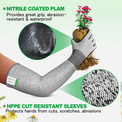 Long Gardening Gloves With Cut Resistant Sleeves And Anti Slip Nitrile Coated Palms For A Solid Grip And All Day Arm Protection In The Yard And Garden.