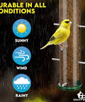Outdoor Bird Feeder With 16 Ports For Thistle And Nyjer Seeds, Easy Hang Chew Proof Metal Design With 8 Perches, Built To Attract Finches And Other Small Songbirds To Your Garden, shown in use with yellow finch in rainy weather.