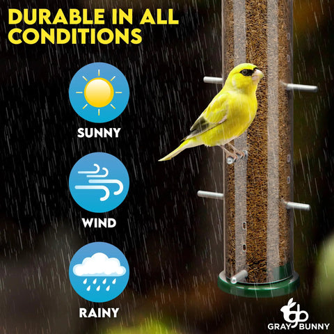 Outdoor Bird Feeder With 16 Ports For Thistle And Nyjer Seeds, Easy Hang Chew Proof Metal Design With 8 Perches, Built To Attract Finches And Other Small Songbirds To Your Garden, shown in use with yellow finch in rainy weather.