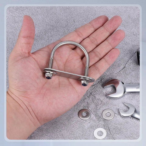 Tough As Nails Round U Bolts 4 Pack 304 Stainless Steel M6 X 42 X 62 Heavy Duty U Clamps held in hand with washers.