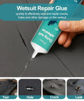 Bottle of Heavy Duty Wetsuit Repair Glue And Waterproof Sealant for Dive Gear Upkeep applied to a torn neoprene surface.
