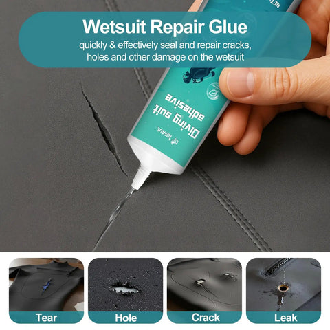 Bottle of Heavy Duty Wetsuit Repair Glue And Waterproof Sealant for Dive Gear Upkeep applied to a torn neoprene surface.