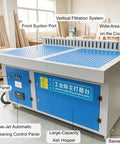 Heavy Duty Industrial Dust Collector Workbench With Side Suction Floor, 4 Horsepower Motor Kicks Welding Dust And Smoke Like A Champ, Comes Packed With Two Polyester Filters And Auto Clean Cycling showing control panel and vertical filtration.