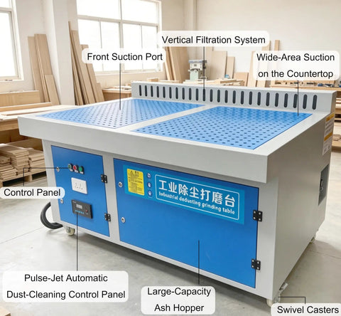 Heavy Duty Industrial Dust Collector Workbench With Side Suction Floor, 4 Horsepower Motor Kicks Welding Dust And Smoke Like A Champ, Comes Packed With Two Polyester Filters And Auto Clean Cycling showing control panel and vertical filtration.