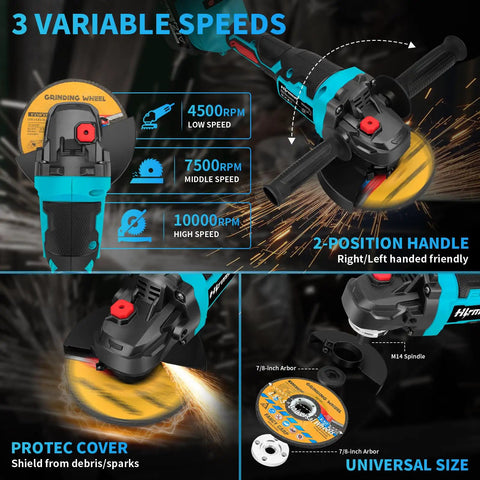 Close-up of Pro Grade Cordless 5 Inch Angle Grinder With 21V Brushless Motor, showing 3 variable speeds and 2-position handle.