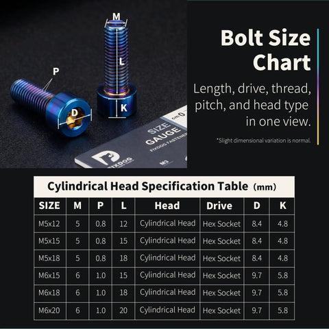 Badass M5 X 15mm Titanium Socket Head Cap Screws Burnt Blue Oxide Finish Hex Allen Drive with size chart