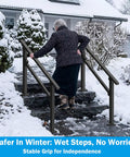 Heavy Duty Metal Handrail For Outdoor Steps Weather Resistant Powder Finish Crushes 600 Pounds Without Breaking A Sweat, used on snowy steps.