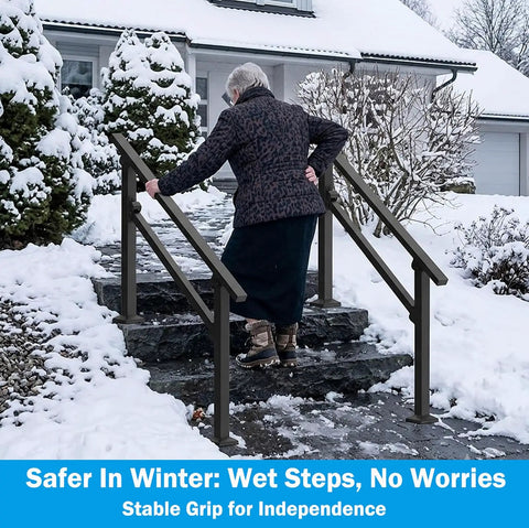 Heavy Duty Metal Handrail For Outdoor Steps Weather Resistant Powder Finish Crushes 600 Pounds Without Breaking A Sweat, used on snowy steps.