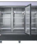 Heavy Hitter Commercial Merchandiser Freezer With Three Self Closing Glass Doors and Bulletproof Adjustable Shelving, open view.